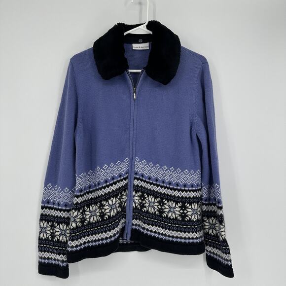 croft & barrow Sweaters - Croft & Barrow Zip Sweater Womens Medium Purple Faux Fur Collar Fair Isle Beaded